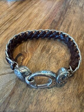Brighton Braided Brown Leather Bracelet with Silver-Tone Swirl Accents